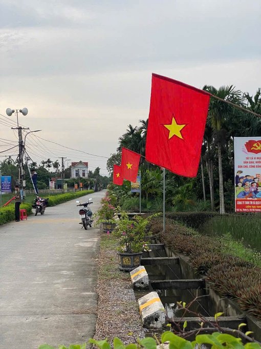 A street scene in Vietnam featuring multiple red Vietnamese flags with yellow stars lined up along a rural road, with political banners visible on the right side.