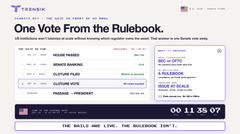 A screenshot of a Turnbull website displays an article titled "One Vote From the Rulebook" with a 100% resolution count at the bottom, alongside a 00:11:38:57 countdown timer, referencing the CLARITY Act's procedural steps toward Senate passage and President signing for $XRP holders.