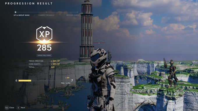A video game character in futuristic white armor stands in a mountainous landscape displaying a "PROGRESSION RESULT" screen with 285 XP earned (20% track prestige and -25% card rarity bonuses). The scene humorously illustrates the post's question about earning XP, turning an everyday motivational phrase into a literal gaming achievement.