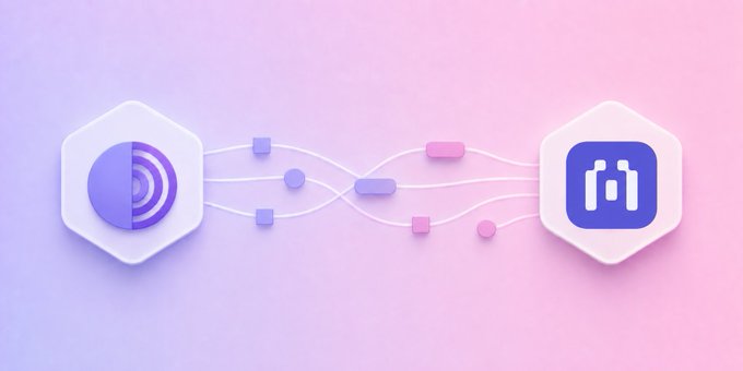 A graphic illustration on a gradient pink and purple background showing two hexagonal app icons connected by flowing lines and small nodes, depicting a workflow or integration.