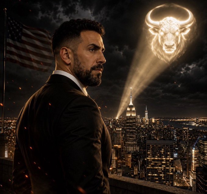 A cinematic image of a bearded man in a black suit standing on a rooftop overlooking a New York City skyline at night, with an American flag and a glowing bull symbol projected in the sky.
