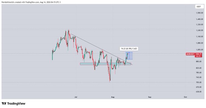 A TradingView candlestick chart of copper futures (HG1!) showing a descending trendline with a marked long position entry yielding a 76.23 USDT (9.19%) unrealized gain at 860.94, matching the post's claim of $Mub running 7-8% in profit.