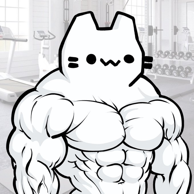 A cartoon illustration of a muscular cat character with a simple smiling face posing in front of a gym background.