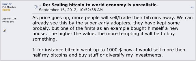 A screenshot of a forum post by user "Savior" titled "Re: Scaling bitcoin to world economy is unrealistic," posted September 16, 2012, where they argue that rising bitcoin prices would prompt holders to sell/trade their coins, stating they would personally sell over half their bitcoins if the price reached $1,000.