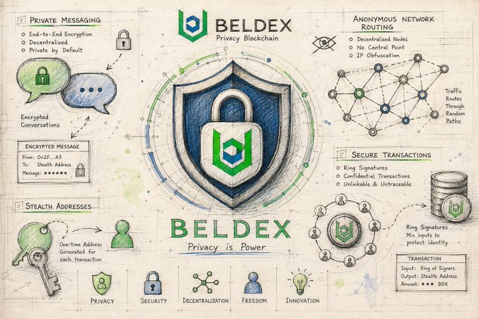 The image is an infographic for Beldex Privacy Blockchain, featuring a central padlock-shield logo surrounded by sections detailing its privacy features: Private Messaging with end-to-end encryption, Anonymous Network Routing through decentralized nodes, Encrypted Messaging, Secure Transactions using ring signatures, and Stealth Addresses for one-time address generation. Core values listed at the bottom include Privacy, Security, Decentralization, Freedom, and Innovation, aligning with the post's emphasis on Beldex building a privacy-focused Web3 ecosystem where users control their digital interactions.