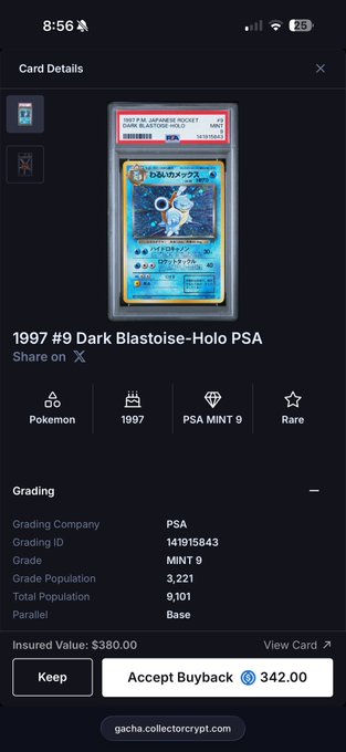 This image shows the details of a "1997 #9 Dark Blastoise-Holo PSA" Pokémon card, graded Mint 9 with an Insured Value of $380.00, which relates to the post about a successful card pull on @Collector_Crypt.