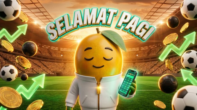 The image features a cartoon character dressed as a soccer player holding a cell phone with the text "Selamat pagi, Indonesia!" written above him. The background of the image shows a soccer field filled with various sports balls, including soccer balls and footballs in different colors. The caption below the image reads: "Selamat pagi, Indonesia! Enjoy seamless IDR deposits and full Bahasa Indonesia support while you build your slips."