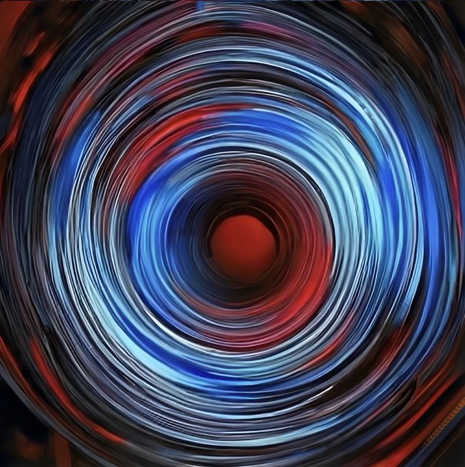 An abstract digital artwork featuring concentric circular patterns radiating outward in shades of red, blue, white, and black, creating a hypnotic swirling effect with a red center.