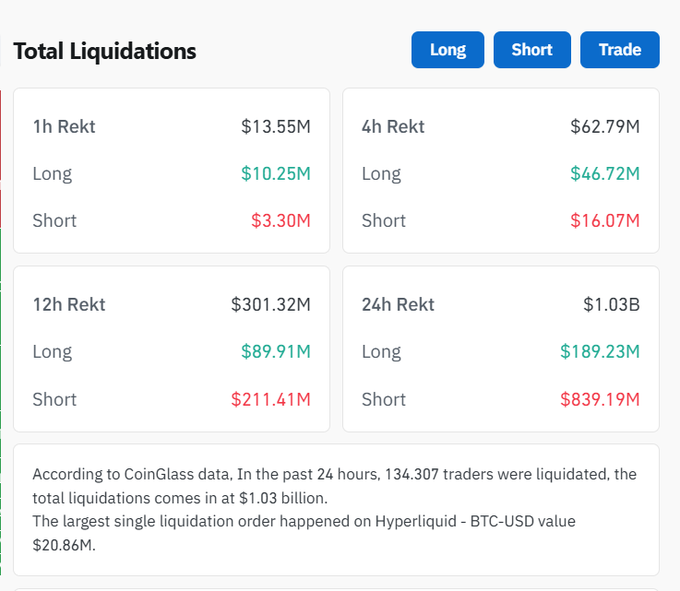 A Total Liquidations dashboard from CoinGlass data showing significant market rekt figures: $13.55M (1h), $62.79M (4h), $301.32M (12h), and $1.03B (24h), broken down by Long and Short positions, noting the largest liquidation was on Hyperliquid BTC-USD at $20.86M.