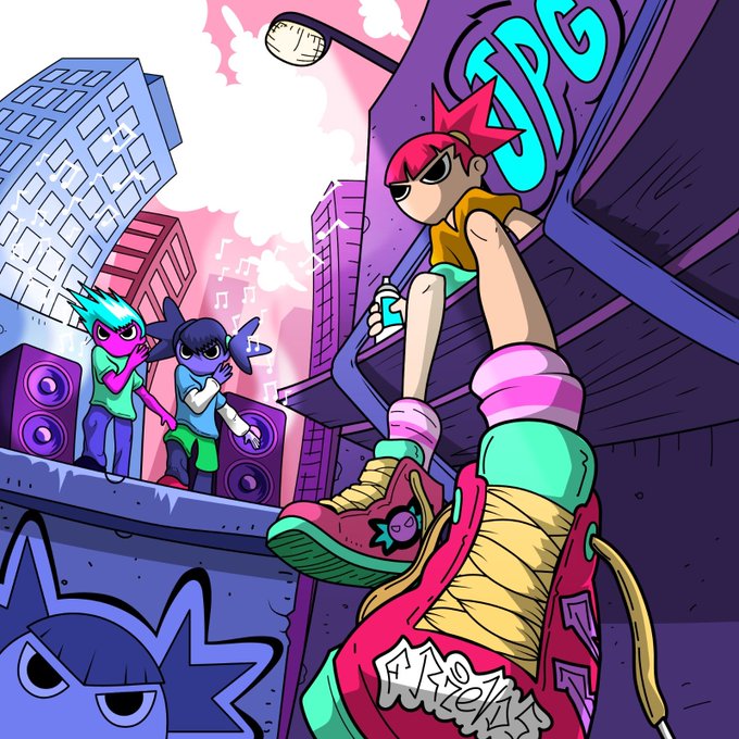 A vibrant cartoon scene shows a pink-haired character with star-shaped hair holding a spray can atop a graffiti-covered building, with two other characters near speakers and a "KPOP" sign in the background, plus "Munktaki" written on their red shoes. The bold street art aesthetic with energetic characters mirrors the urgency of grabbing an early spot among the first 161 ETH wallets, encouraging quick action.