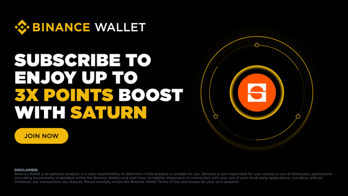 A Binance Wallet advertisement promoting a subscription offer that provides up to 3x points boost with Saturn, featuring a "JOIN NOW" call-to-action button. The ad supports a post announcing bonus point multipliers for subscribing to specific Pendle and Strata USDat pools on Ethereum via Binance Wallet DeFi.