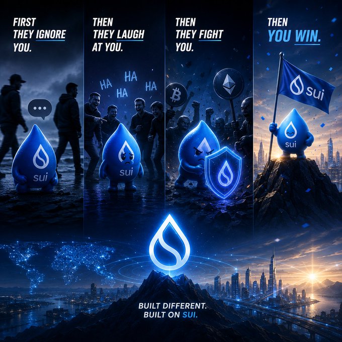 A four-panel promotional graphic for Sui cryptocurrency featuring the text 'FIRST THEY IGNORE YOU. THEN THEY LAUGH AT YOU. THEN THEY FIGHT YOU. THEN YOU WIN.' and 'BUILT DIFFERENT. BUILT ON SUI.'