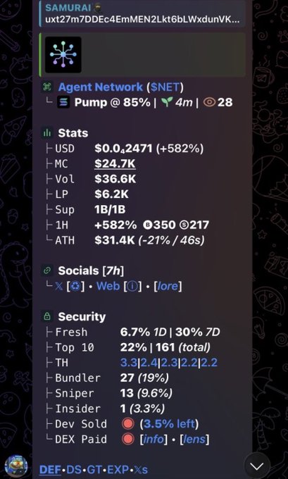 A cryptocurrency tracking interface showing the token 'SAMURAI' with stats including MC $24.7K, Vol $36.6K, LP $6.2K, and ATH $31.4K, along with security metrics.
