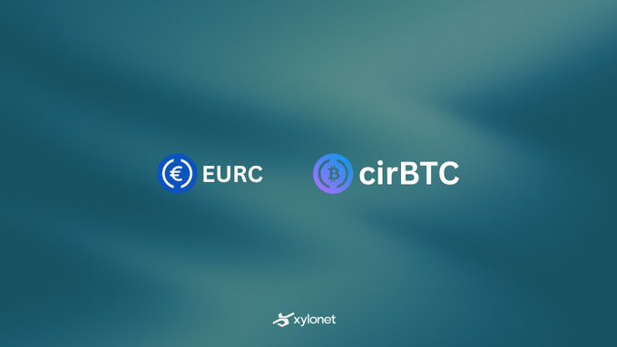 A promotional graphic with a teal gradient background displaying the logos and names of 'EURC' and 'cirBTC' cryptocurrencies, with the 'xylonet' logo at the bottom.