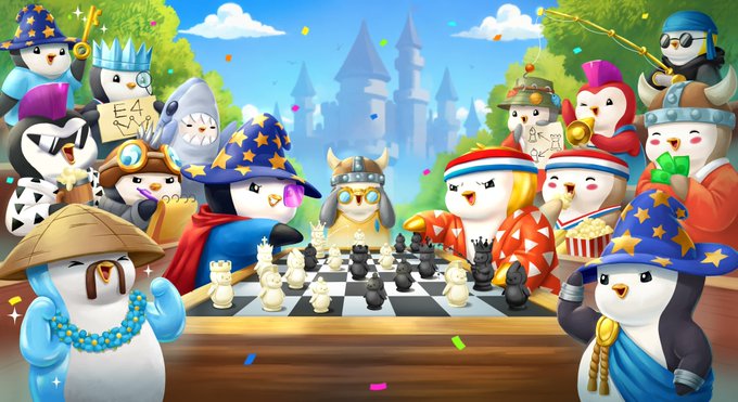 A colorful illustration of cartoon penguins dressed as wizards, knights, and other fantasy characters playing a chess match in front of a fairytale castle.