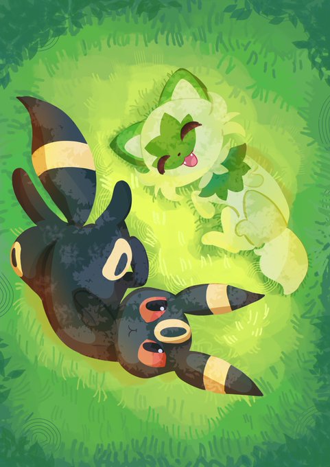 A digital illustration features the Pokémon Umbreon and its evolution line nestled in green grass, accompanied by Shaymin in its Land Forme, set against a vibrant leafy backdrop—fitting artwork for a post celebrating the milestone of 10,000 orders and 25,600 sales for "CATS" merchandise.