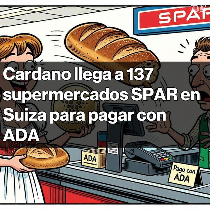 An illustration of a baker and cashier at a supermarket, with overlaid Spanish text reading 'Cardano llega a 137 supermercados SPAR en Suiza para pagar con ADA'.