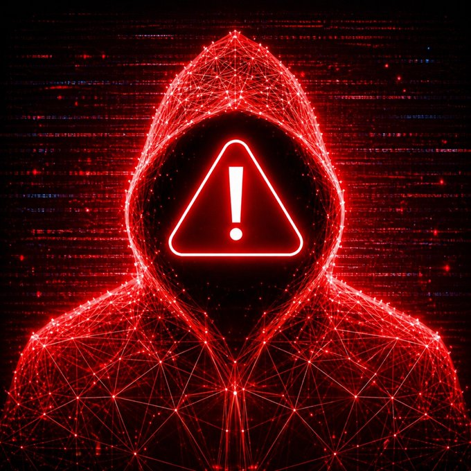 A red digital graphic of a hooded figure made of glowing network lines, with a bright warning triangle and exclamation mark in the center, set against a dark background with digital glitch effects.