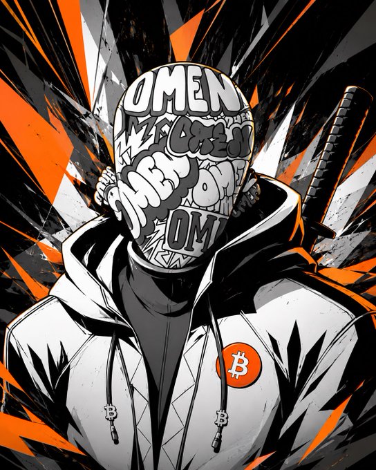 An anime-style illustration of a hooded character with graffiti-style text covering their face, a Bitcoin logo on their hoodie, and a katana on their back, set against an orange and black dynamic background.