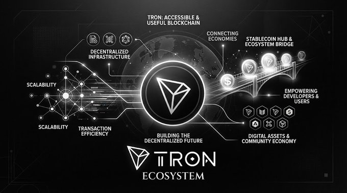 An infographic illustrates the TRON Ecosystem, highlighting features like Decentralized Infrastructure, Connecting Economies, Stablecoin Hub, and Empowering Developers & Users under the slogan 'Building the Decentralized Future'.