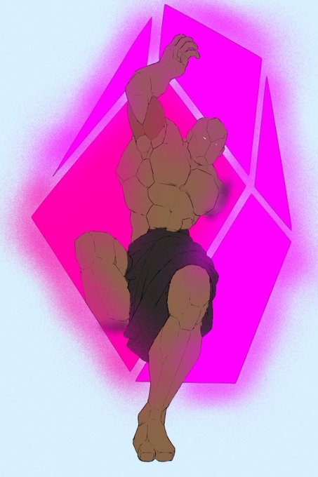 A stylized illustration of a muscular figure in a dynamic pose against a bright pink geometric diamond background.