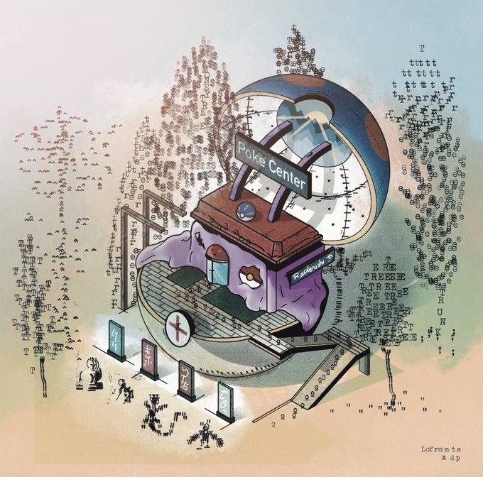A whimsical illustration of a 'Poke Center' building with a Pokéball-shaped dome, surrounded by ASCII art trees and tiny character figures, signed 'Lofrronta x Op'.