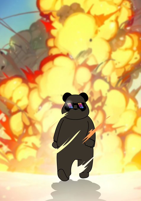 A cool cartoon bear with pixelated sunglasses walks calmly away from a massive fiery explosion, perfectly capturing the "we are going places" attitude with the explosive growth vibe and OKX branding in the post.