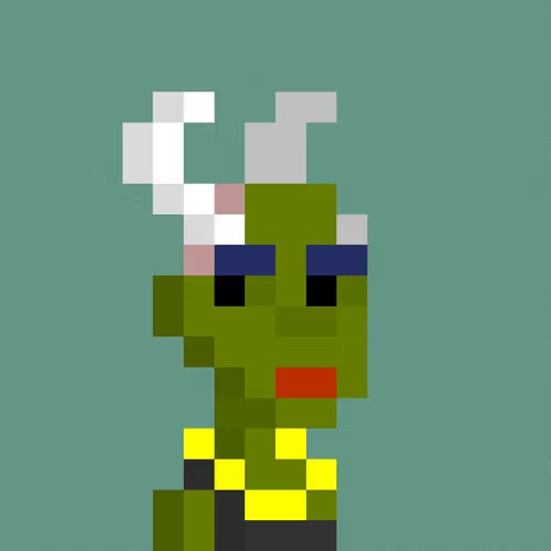 A pixel art image showing a green reptilian character with blue eyes wearing a yellow and black outfit against a solid green background.