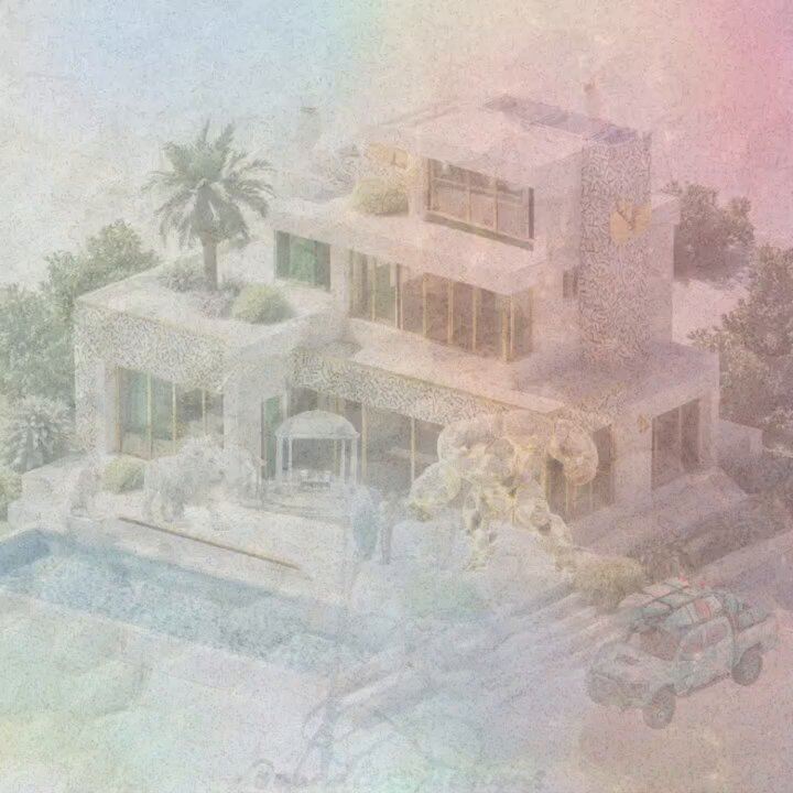 The image features a large, white house with a pool area and palm trees surrounding it. A car can be seen parked outside of the house, and there are two people standing near the pool. The scene appears to be a trailer for an animated film or show, as indicated by the text "Showcasing 2nd trailer of my isometric surreal FIND THE HIDDEN objects 1500 pc drop 600 pcs free mint rest 0.001 eth public the targetting animation is just to highlight the hidden objects in the trailer." The image also contains a watermark that reads "© Copyright 2016 - Isom - www.isom.com".