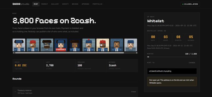 A screenshot of a 2,800 Faces on Zcash NFT mint page on the Ordinals Studio, showing pixel art face characters and a whitelist mint countdown.