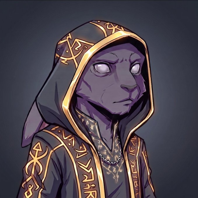 A digital illustration of a humanoid feline or panther character wearing a dark hooded robe with intricate golden patterns and glowing white eyes.
