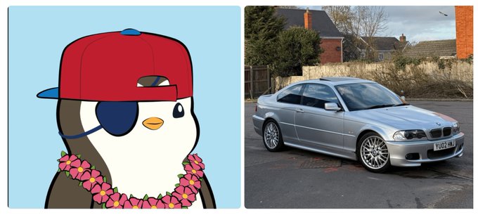 A Pudgy Penguin NFT character wearing a red cap, eye patch, and flower lei is shown alongside a silver BMW coupe with the license plate "YU02 HNJ," visually illustrating the comparison that a digital collectible can cost as much as a used sports car.