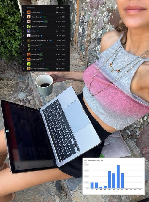A woman sits outdoors with a laptop, holding a coffee mug, while overlaid screenshots show a Pump.fun crypto watchlist featuring memecoins like "Welshcorgicoin," "Giant Marge's," and "Wolves of the Webinnet," alongside a bar chart titled "2026 Monthly Net Profit/Loss." The image illustrates a profitable day of crypto trading, tying into the caption about running a "sign-claim loop" for multiple token airdrops.