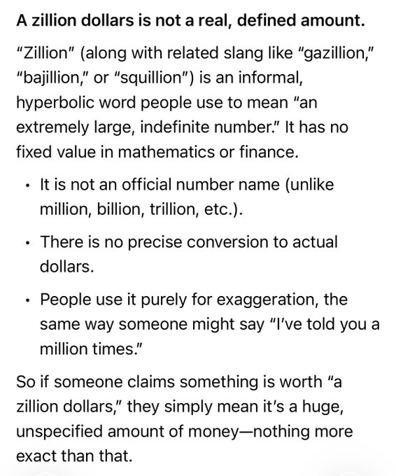 An informational graphic explaining that "zillion dollars" is an informal, hyperbolic expression with no defined monetary value. The image relates to the post by clarifying the meaning of a phrase likely used in Elizabeth Warren's criticism, emphasizing that such language is purely exaggerated rather than a literal financial claim.