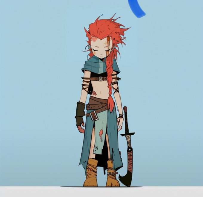 A stylized digital drawing of a wounded warrior with long red braided hair, wearing tattered teal and brown clothing, with visible injuries, holding a sword, set against a plain blue background.