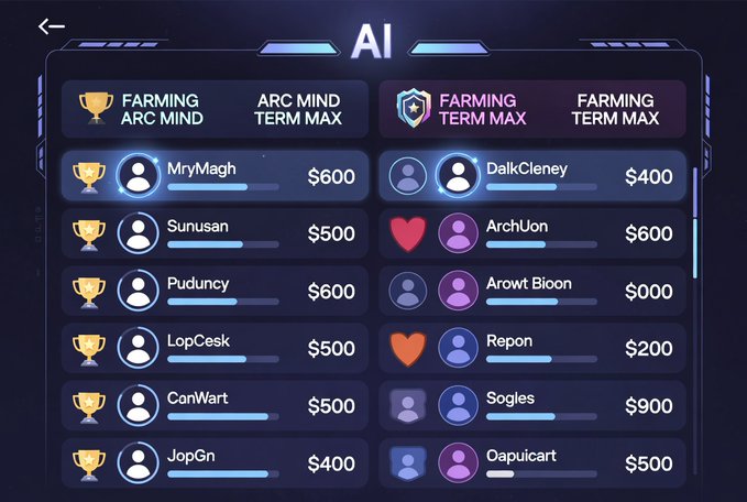 A gaming interface screen titled 'AI' showing leaderboards with two columns: 'FARMING ARC MIND' and 'FARMING TERM MAX', listing player names like MryMagh, DalkCleney, Sunusan, and ArchUon with associated dollar amounts.