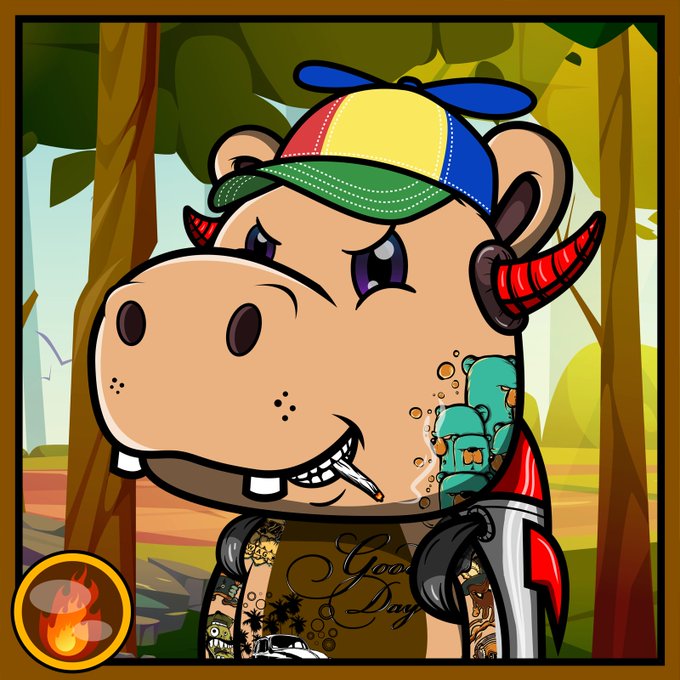 A cartoon hippo character wearing a colorful propeller hat, displaying arm tattoos with script text reading "Good Day," and holding a green creature, set in a forest background—reflecting the post's "Heepow Bonanza" theme and its flexing of the MHeepow Brat NFT project on the Algorand blockchain.