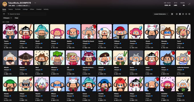 A screenshot of the TokenWorks SCHMIRSTR NFT collection showing a grid of cartoon monkey avatars with names and prices listed below each one.