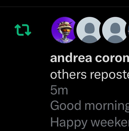 A Spotify screenshot showing a repost notification from "andrea coron" with the message "Good morning Happy weeke" posted 5 minutes ago, alongside 3 gray profile icons indicating the bot accounts mentioned in the post.