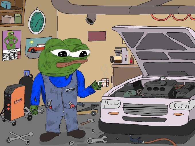 A cartoon illustration of a green frog character named 'A. Fiumi' wearing blue overalls, holding a cup of coffee in a mechanic's garage with a white car having its hood open.