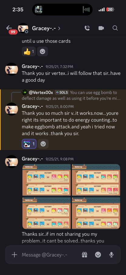 A Discord chat screenshot with user 'Gracey-' discussing game strategies with '@Vertex00x', mentioning using 'egg bomb to deflect damage', followed by four 'VICTORY' screen screenshots.