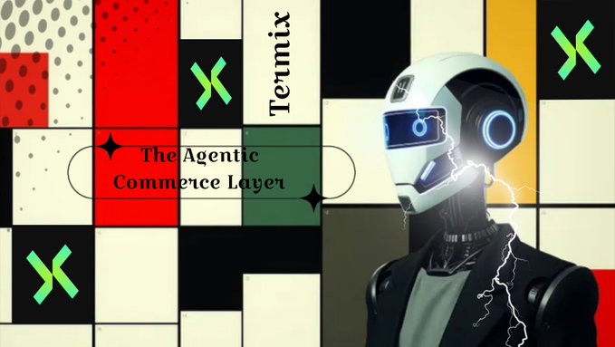 A digital graphic featuring a robotic figure with lightning effects against a Mondrian-style geometric background, with text reading 'Termix' and 'The Agentic Commerce Layer'.