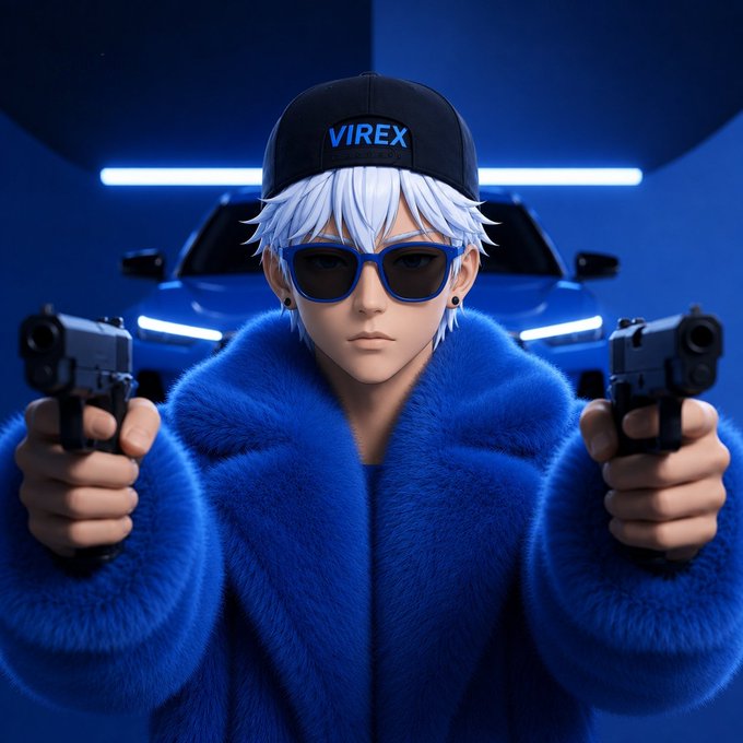 A 3D-rendered anime-style character with white hair, blue sunglasses, and a black 'VIREX' cap holds two pistols while wearing a blue fur coat, standing before a dark car illuminated by blue lights.
