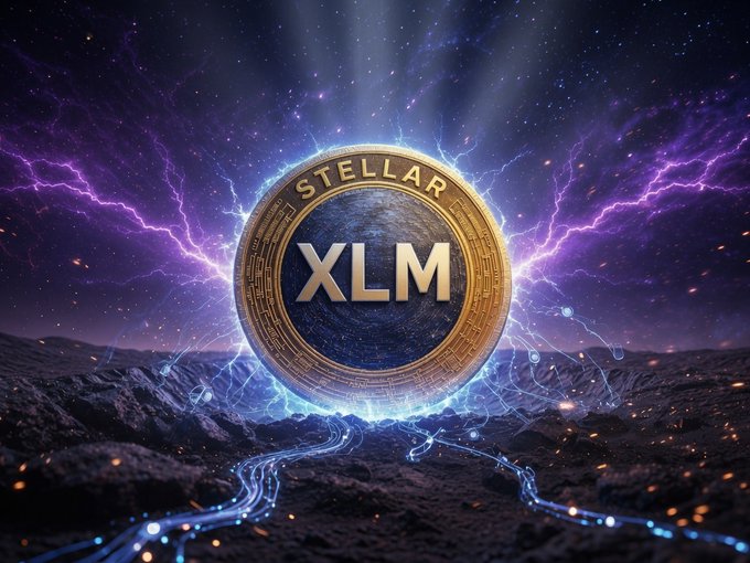 A glowing gold Stellar (XLM) coin floats above a cosmic, lightning-streaked landscape, symbolizing the project's powerful but often overlooked potential in the crypto space. The image's dramatic cosmic imagery reinforces the post's theme that XLM is a misunderstood asset whose true value extends beyond surface-level price action.