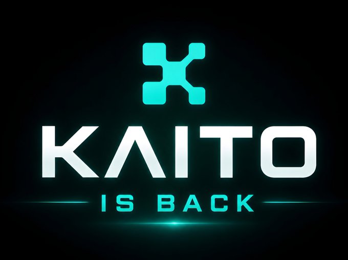A glowing teal and white logo graphic reading 'KAITO IS BACK' with the Kaito symbol on a black background.