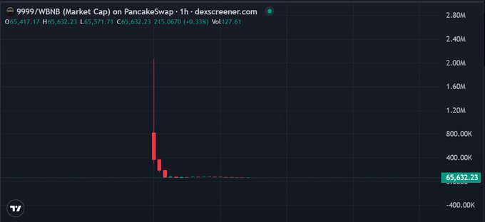 A DEX Screener chart for the $9999/WBNB trading pair on PancakeSwap shows a classic rug pull pattern, with market cap spiking to roughly $2M before crashing to $65,632.23 (-99.3%) within the first hour — visually confirming the post's claim that the token tanked immediately after launch.