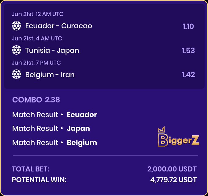 The image shows a purple background displaying information about a football match between Ecuador and Japan. The text indicates that the teams are playing against each other at a time when the game will be broadcasted, which is Saturday morning. The potential win for this match amounts to 2,000 US dollars, with the combined odds of all three teams winning being 1.38x1.10.