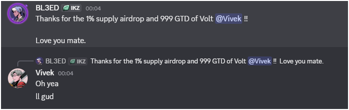 A Discord exchange shows user BL3ED thanking "Vivek" for a 1% supply airdrop and 999 GTD of Volt, with Vivek replying "Oh yea ll gud." The image highlights how some projects offer minimal airdrops to members, contrasting with the Matty Matrix project described in the post, which gave 500 members all 1/1s and half the supply to members and their siblings.