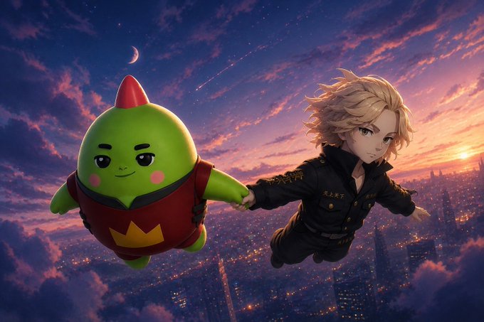 An anime-style illustration shows a blonde character in a black jacket holding hands with a green creature with a red mohawk, flying above a city at sunset.