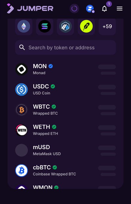 Mobile screenshot of the 'JUMPER' crypto exchange app showing a token selection menu with options like MON, USDC, WBTC, and WETH.